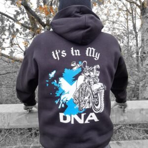 Rat Ryder black motorcycle hoodie with 'It's in My DNA' design featuring a motorcycle, Scotland's flag, and heritage-inspired graphics on the back