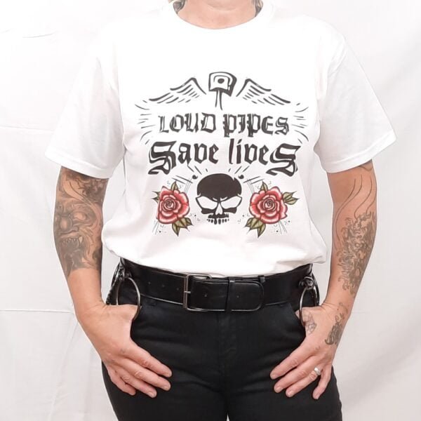 skull with roses biker chick white t shirt