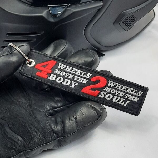 2 wheels move the soul embroidered biker key tag