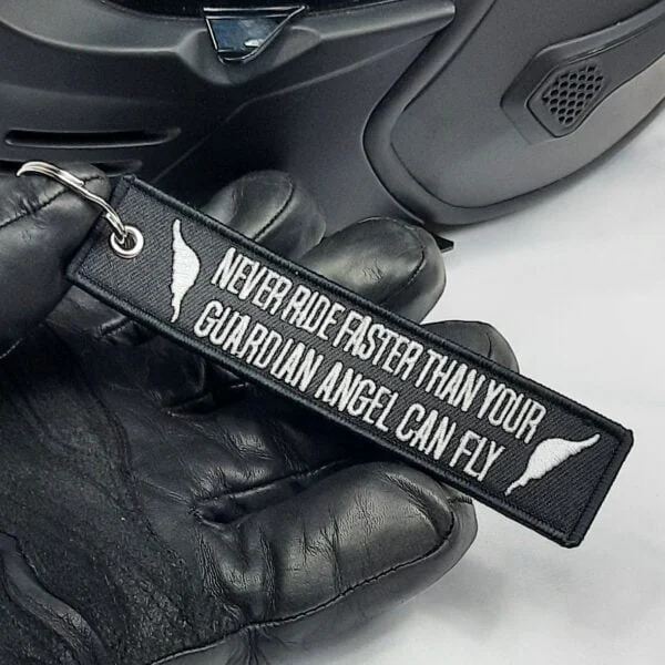 never ride faster than your guardian angel can fly 0embroidered biker keychain