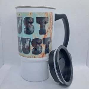in rust we trust biker travel mug