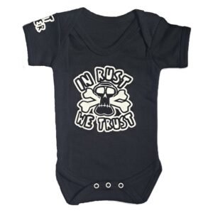 in rust we trust baby biker baby vest funny baby grow