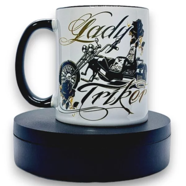 lady triker with roses white and black 11oz ceramic mug
