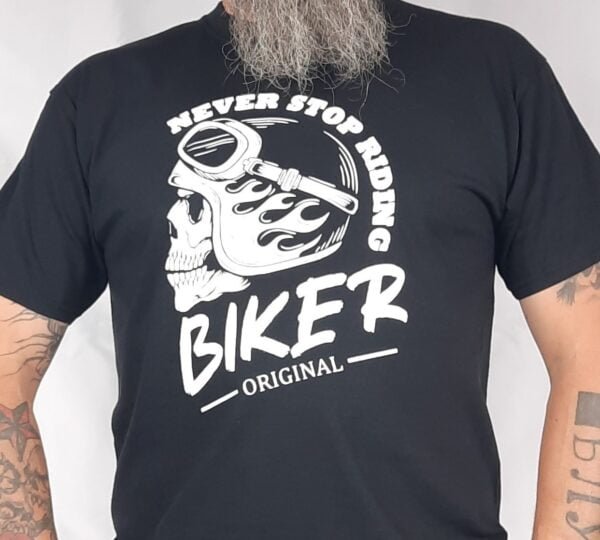 never stop riding biker skull t shirt 1