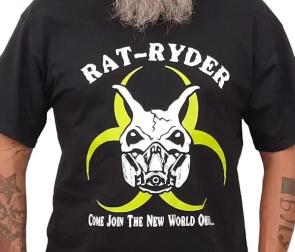 rat ryder biohazard symbol skull gas mask biker t shirt 1