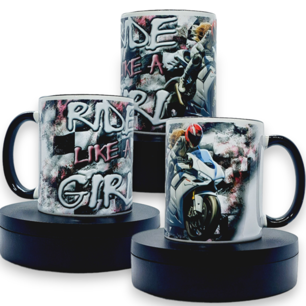 two tone black and white mug with motorcycle-themed designs and the text “RIDE LIKE A GIRL”