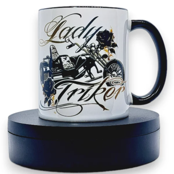 trike with roses lady rider two tone coffee mug
