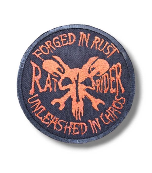 rat ryder biker embroidered sew on brown rat bike patch chaos in rust we trust