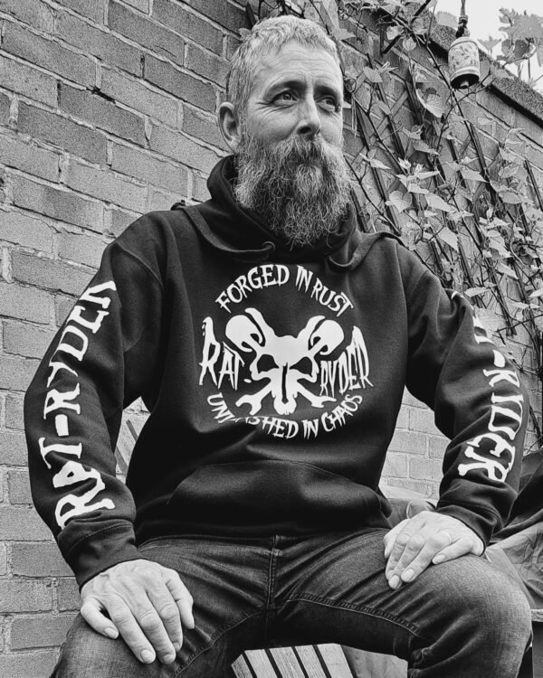black rat ryder biker hoodie forged in rust unleashed in chaos custom motorbike hoodie