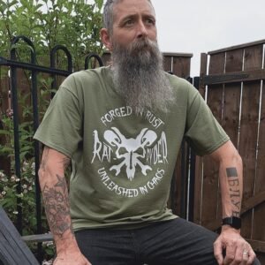 olive green rat ryder t shirt forged in rust