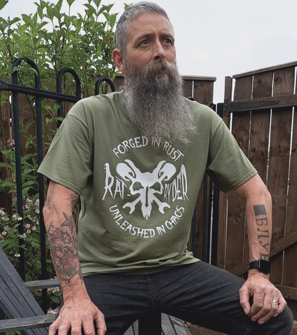 olive green rat ryder t shirt forged in rust