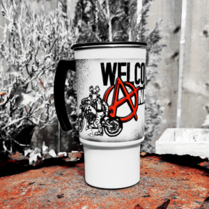 welcome to anarchy apocalyptic grunge rat ryder 18oz travel coffee mug