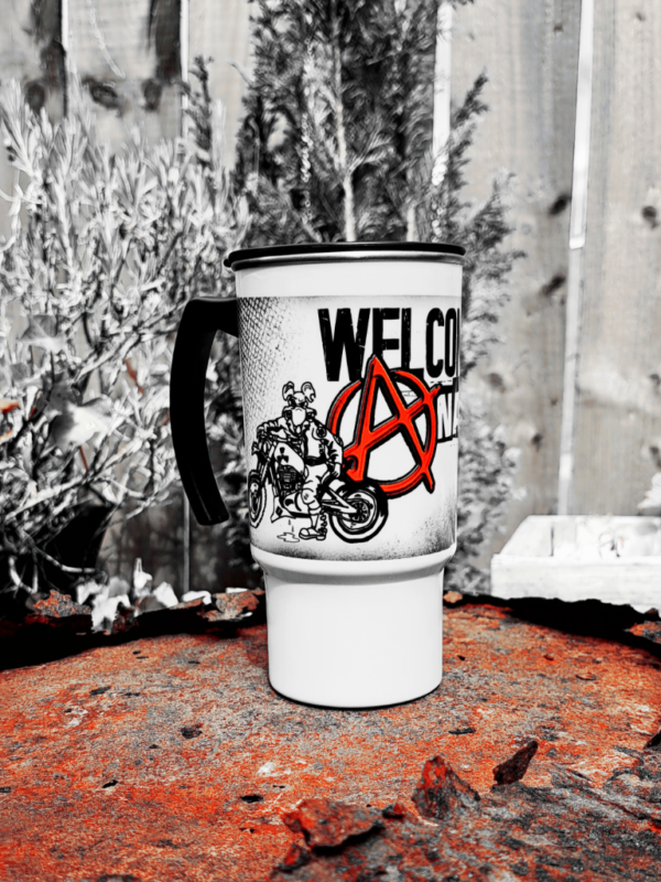 welcome to anarchy apocalyptic grunge rat ryder 18oz travel coffee mug