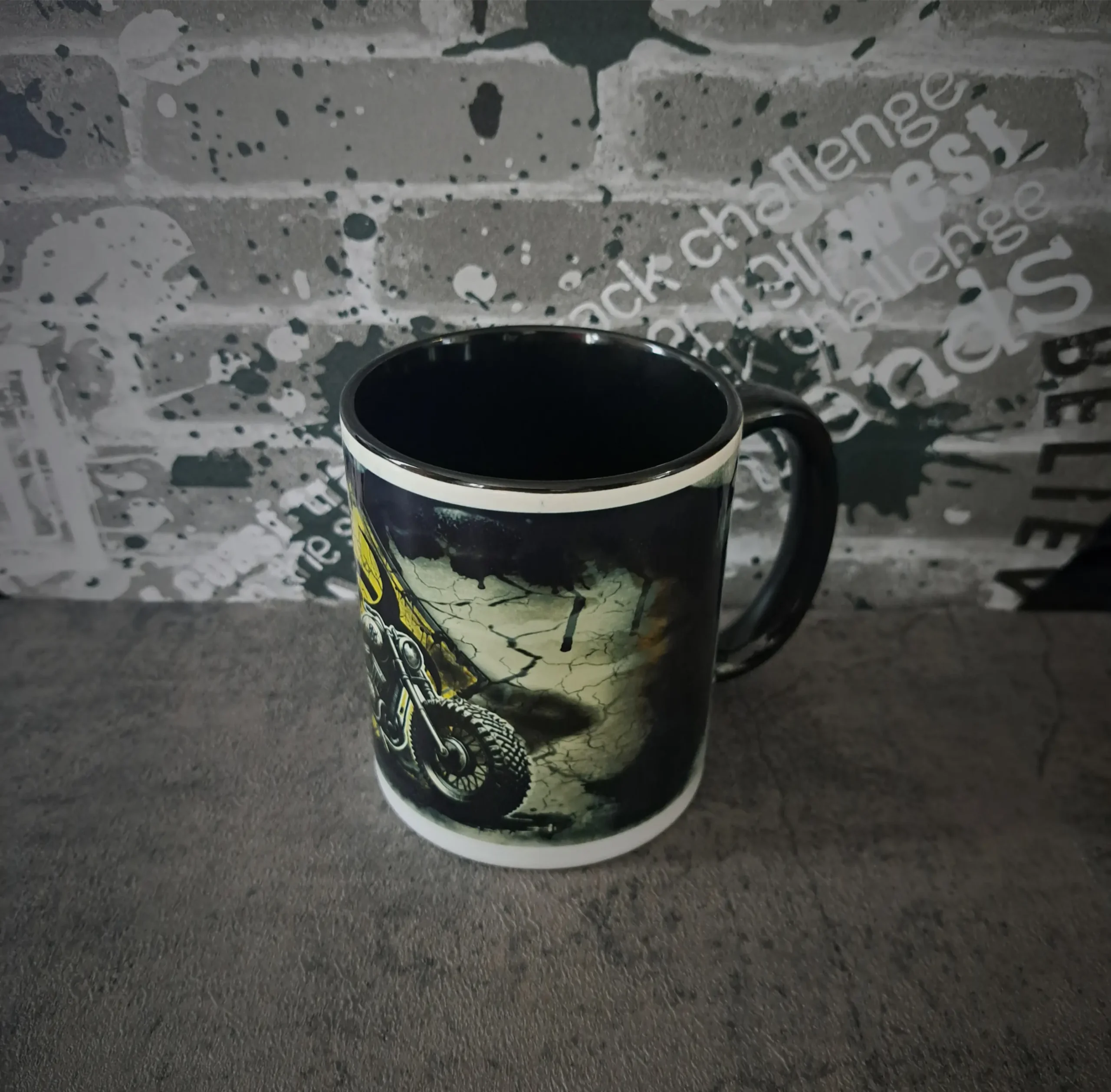 Biohazard Custom Biker Mug & Coaster Set 4 Angled shot of custom biker mug showing black rim interior and front motorcycle wheel artwork