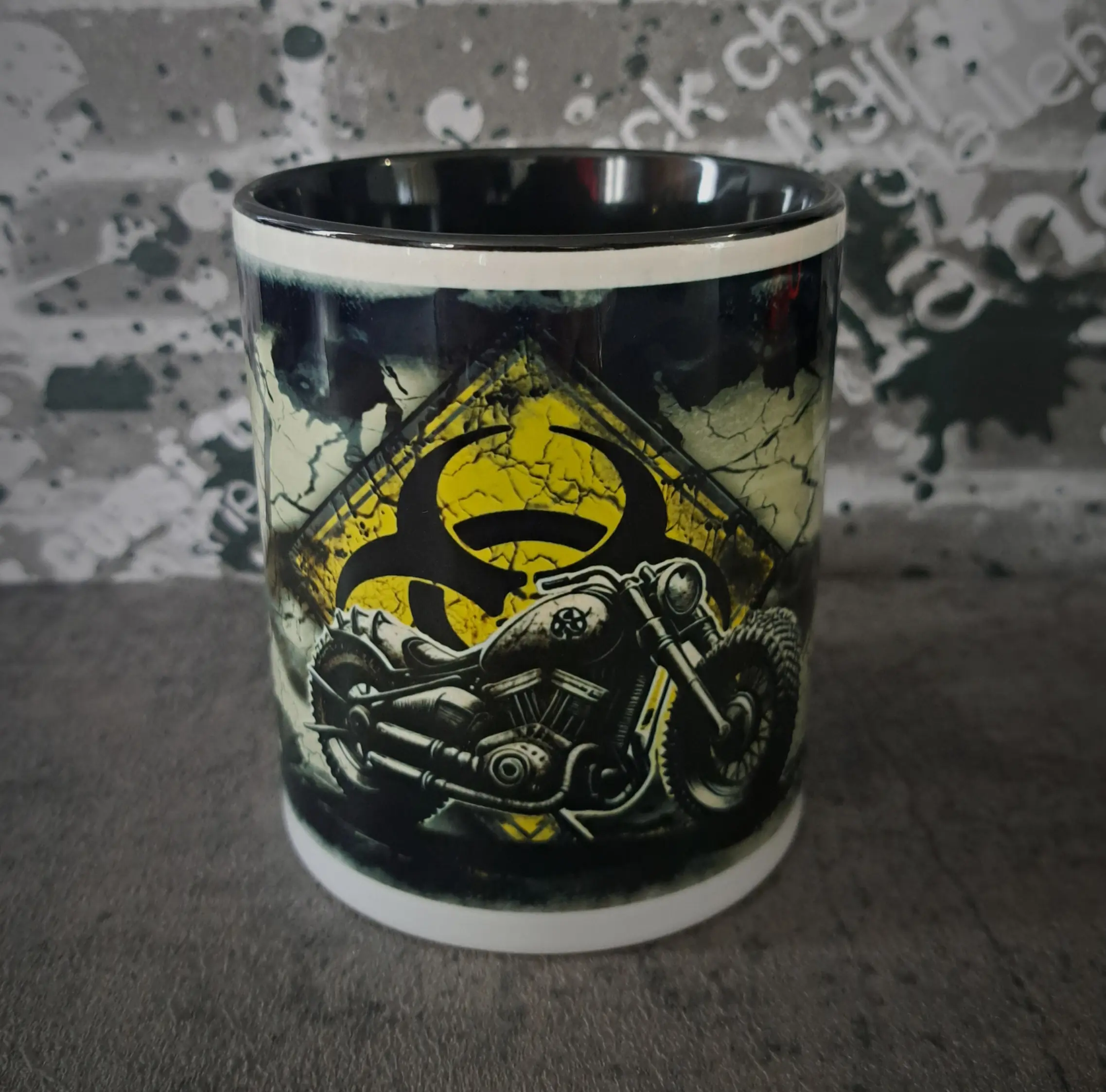 Biohazard Custom Biker Mug & Coaster Set 1 Biohazard custom biker mug featuring yellow hazard warning symbol and custom motorcycle artwork