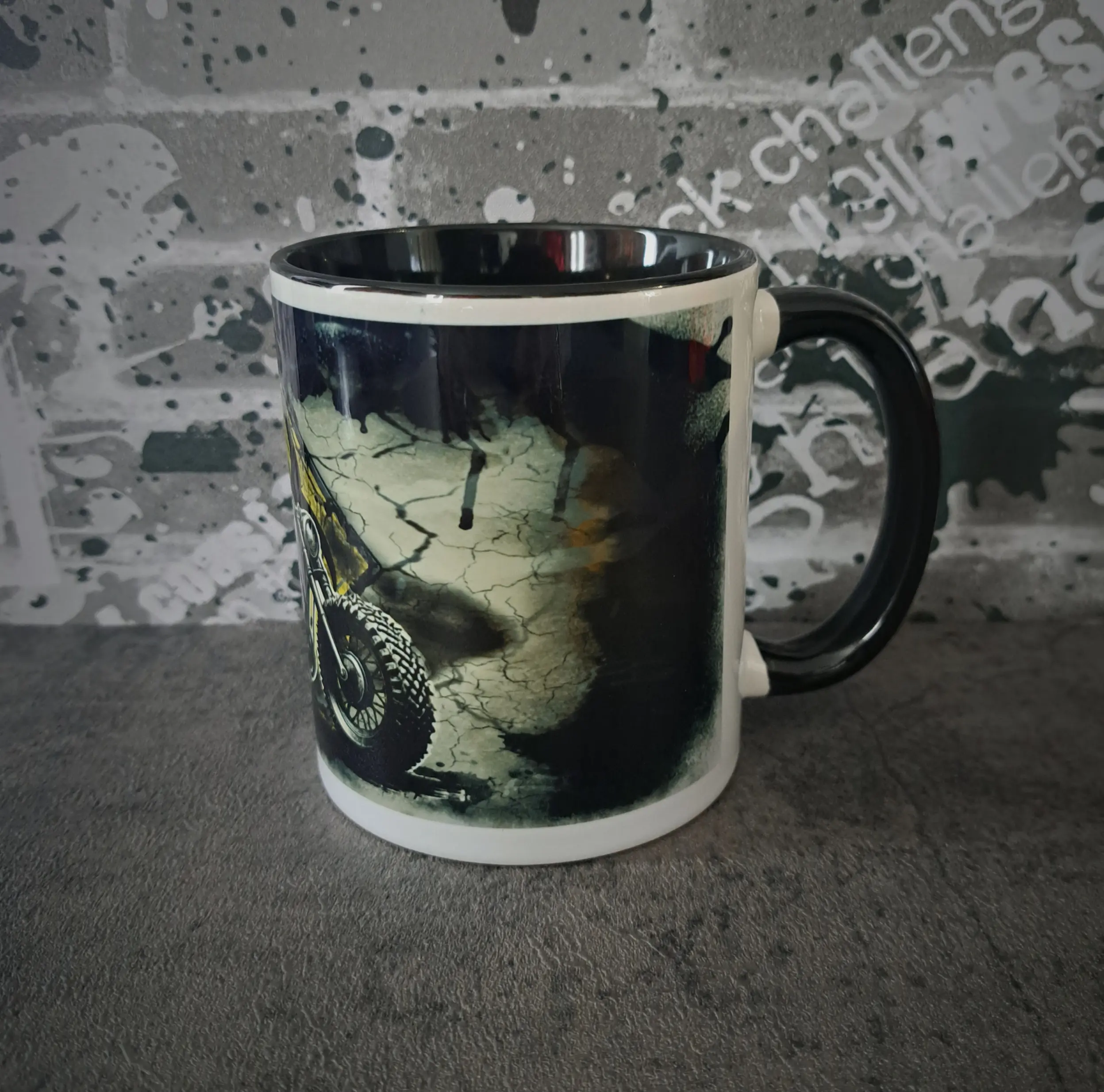 Biohazard Custom Biker Mug & Coaster Set 3 Reverse side view of Rat-Ryder biohazard biker mug showing wrap-around grunge background design