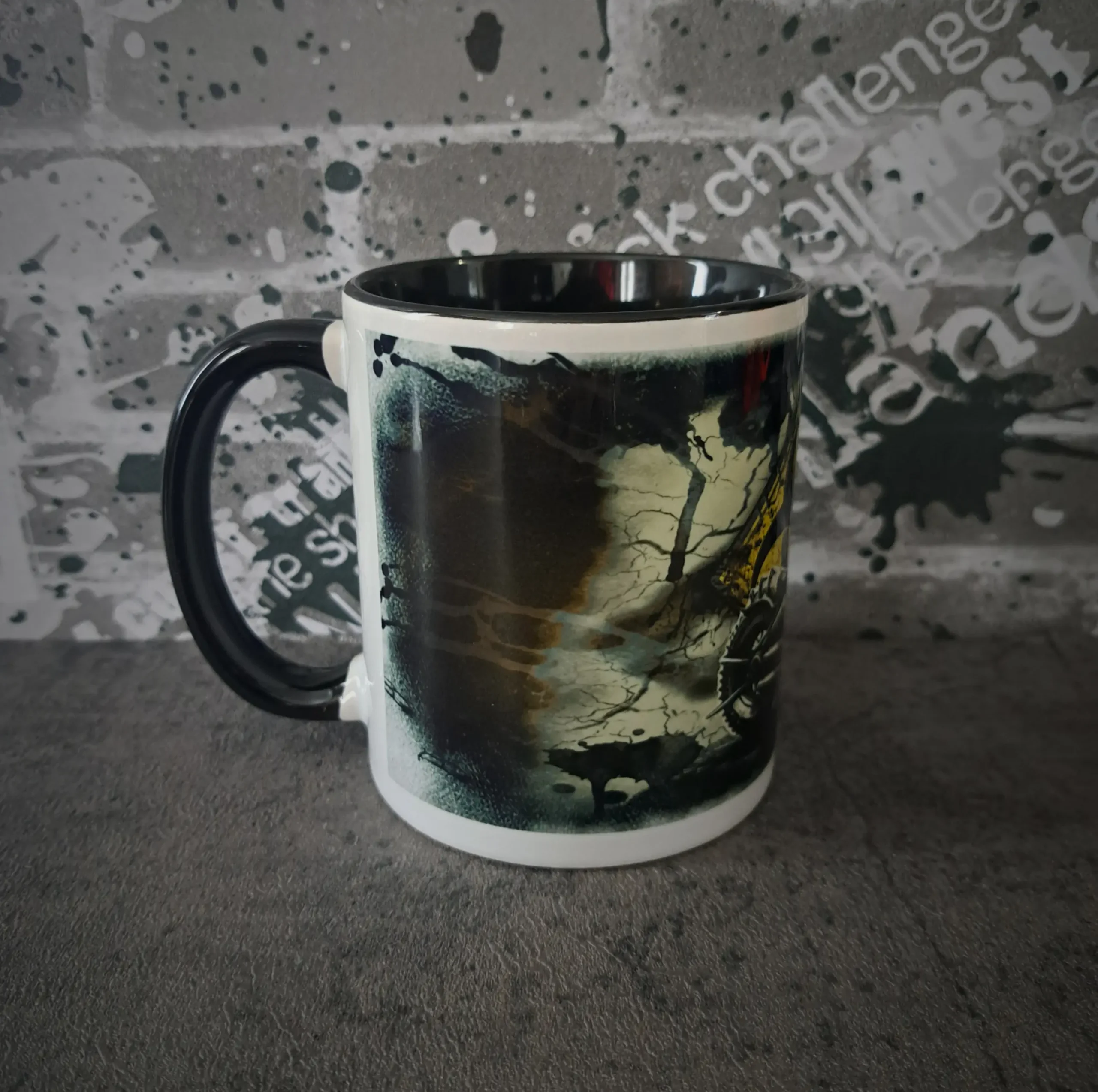Biohazard Custom Biker Mug & Coaster Set 2 Side view of biohazard custom biker mug showing black handle and cracked texture graphic