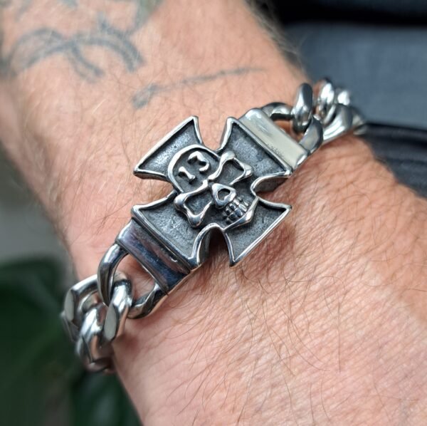 Iron Cross Lucky 13 Stainless Steel Biker Bracelet