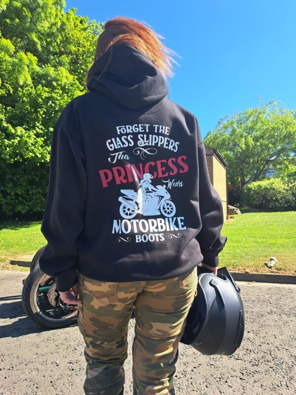 Motorbike Princess Hoodie with “Forget the Glass Slippers” graphic on back