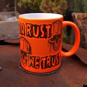 in rust we trust skull orange mug