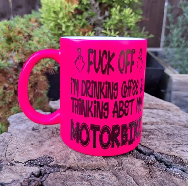 rude biker girl fluorescent pink lady rider mug