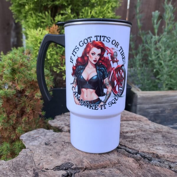 tits or tyres offensive biker custom bike mechanics travel mug