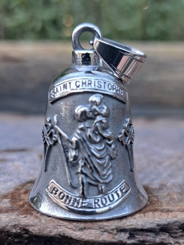 St. Christopher motorcycle guardian bell, stainless steel gremlin bell for riders, travel protection charm, Bonne Route design