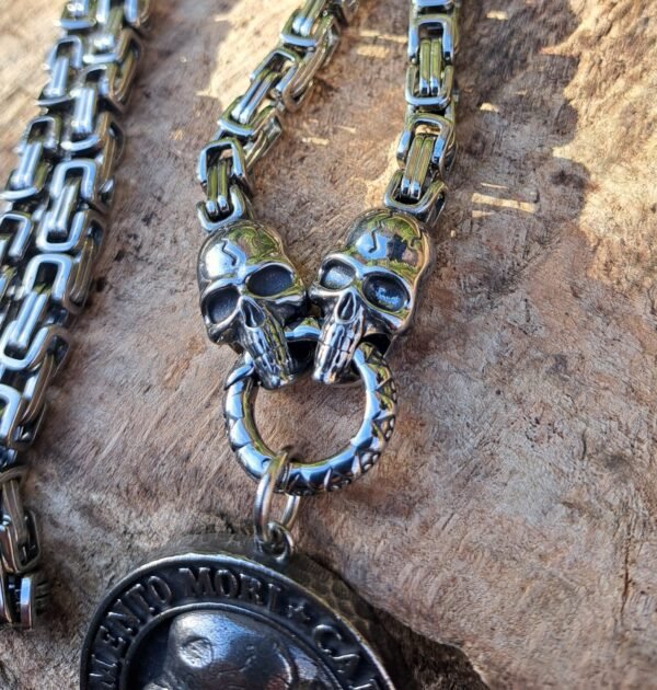 Stainless steel 60cm Byzantine chain with a skull pendant, featuring bold, durable craftsmanship for bikers and gothic jewelry fans