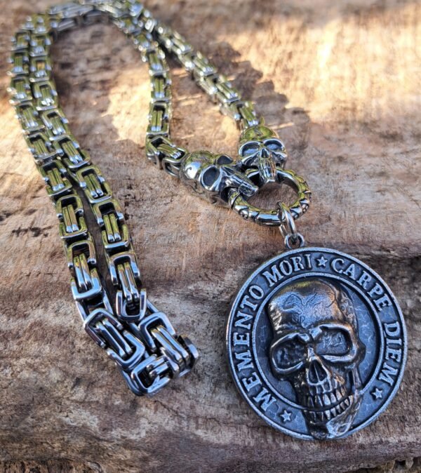 Stainless steel Memento Mori skull necklace with a 60cm Byzantine chain, perfect for bikers and gothic jewelry lovers.