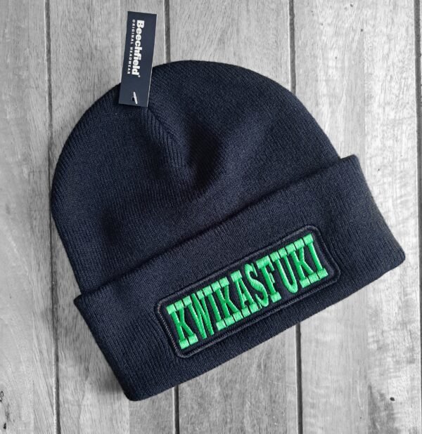 Kwikasfuki embroidered biker beanie on wooden background