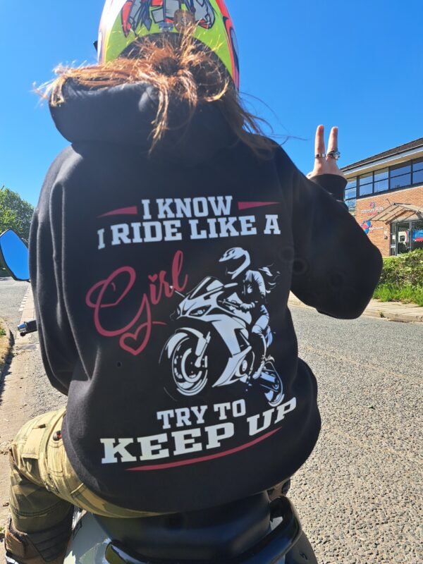 Back view of ladies motorcycle hoodie with Ride Like a Girl print and female biker design
