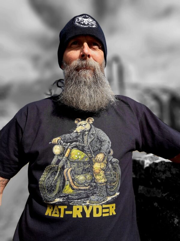 Close-up of Lou The Rat graphic on grunge rat bike t-shirt
