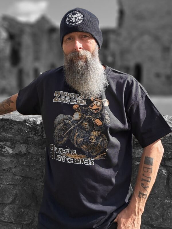 Front of Lou the Rat biker t-shirt featuring cartoon rat in a sidecar with text “2 Wheels Move the Soul, 3 Wheels Move the Bowels