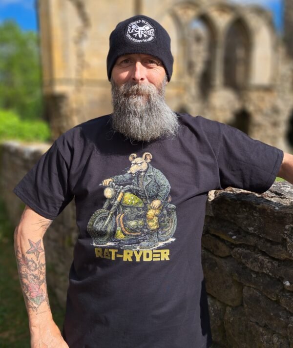 Grunge rat bike t-shirt with Lou The Rat riding a nuclear rat bike