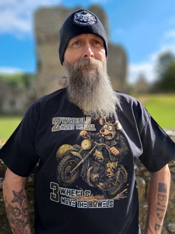 Back of Lou the Rat t-shirt showing biker-themed cartoon design and rat bike chaos