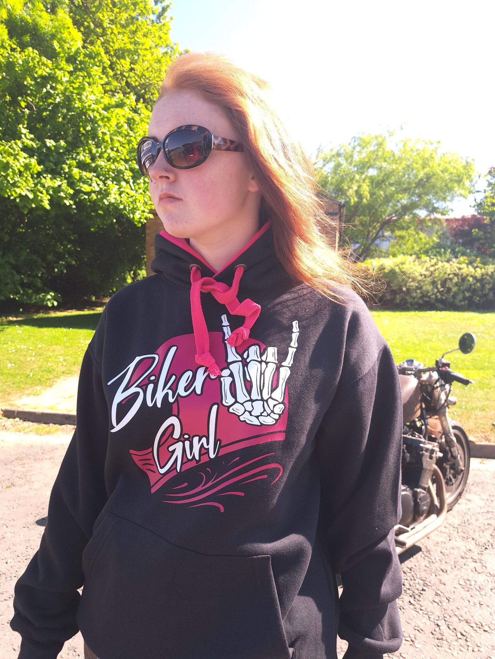 Biker Girl Hoodie in black with fuchsia drawstrings – front view