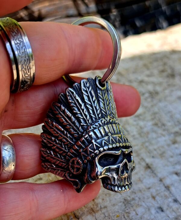 Indian Chief Skull biker bell mounted on keychain or motorcycle frame