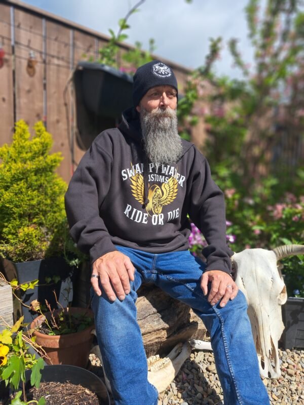 Close-up of Ride or Die print on motorcycle hoodie by RatRyder