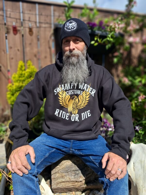 RatRyder Ride or Die motorcycle hoodie – full front view with bold chest print