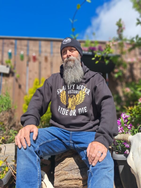 Styled front view of RatRyder Ride or Die biker hoodie on display