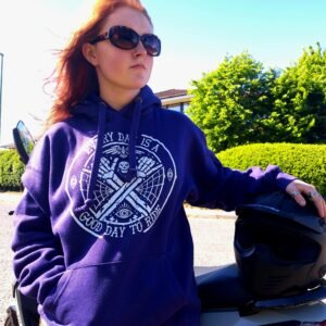 Front view of unisex purple motorcycle hoodie by RatRyder with skull print design