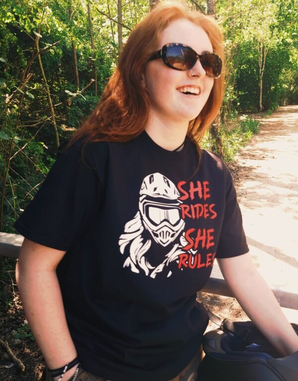 Front view of women’s motorcycle t-shirt in black cotton – unisex fit, biker style