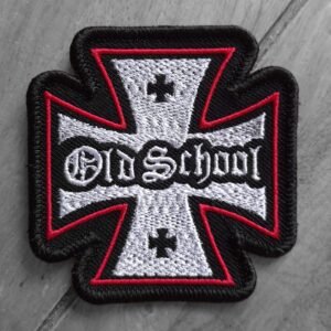 Embroidered 9cm biker patch with “Old School” text over a black, white, and red Iron Cross design.
