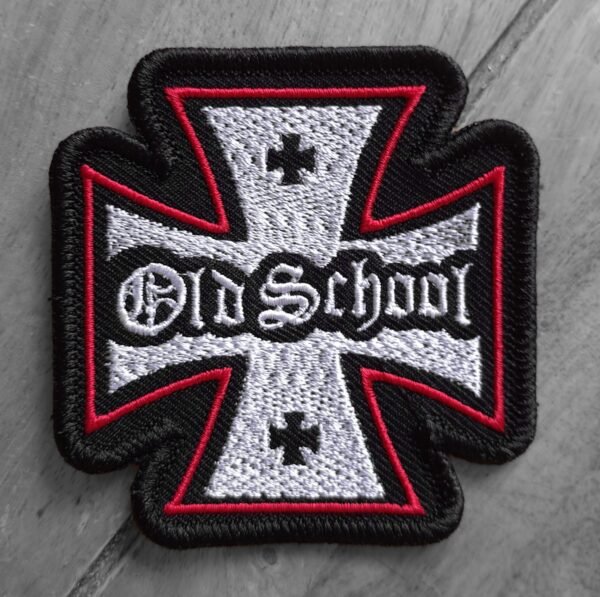 Embroidered 9cm biker patch with “Old School” text over a black, white, and red Iron Cross design.