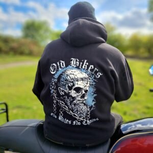 Close-up of Rat-Ryder Old Bikers hoodie back design, skull with goggles and chains, distressed blue background, motorcycle lifestyle hoodie S–5XL.