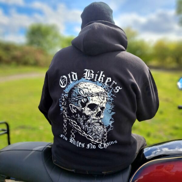 Close-up of Rat-Ryder Old Bikers hoodie back design, skull with goggles and chains, distressed blue background, motorcycle lifestyle hoodie S–5XL.
