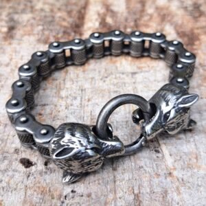 Biker chain bracelet with Viking Fenrir wolf heads in stainless steel