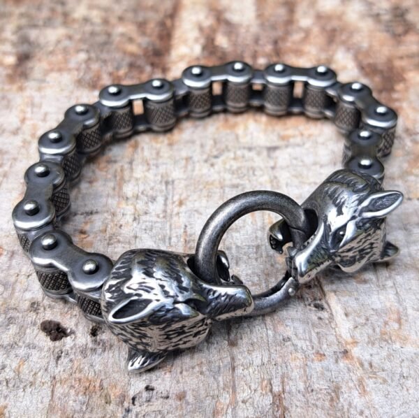 Biker chain bracelet with Viking Fenrir wolf heads in stainless steel