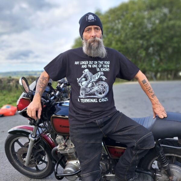 Black Mad Max fan t-shirt with Goose motorcycle and movie quote