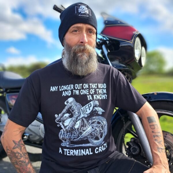 Mad Max Goose MFP Z1000 t-shirt with motorcycle graphic and Terminal Crazy quote